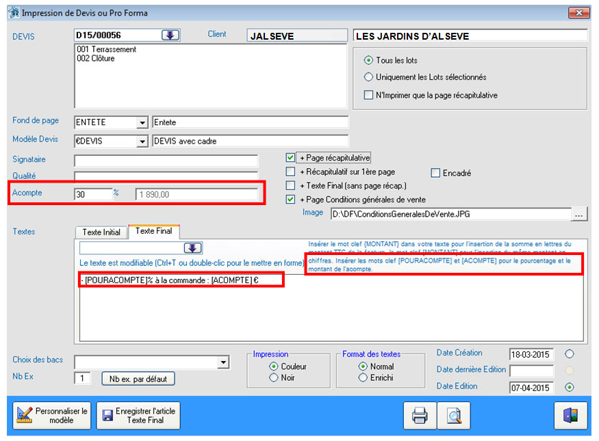 client et raison sociale impression de devis ajout de la page des